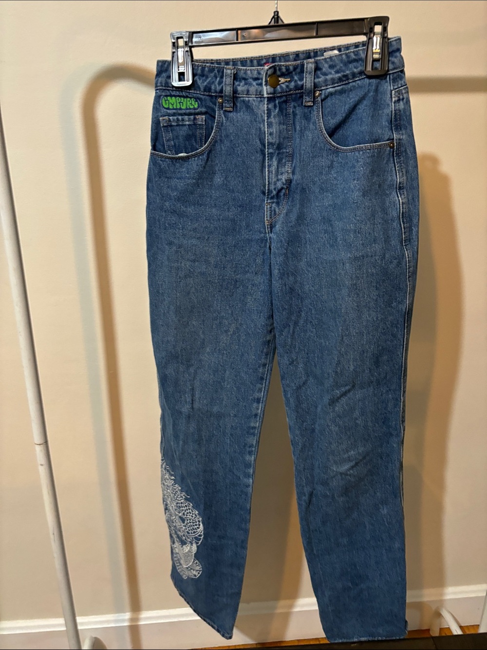 Blue Men's Straight-Leg Denim Jeans with Embroidered Detail